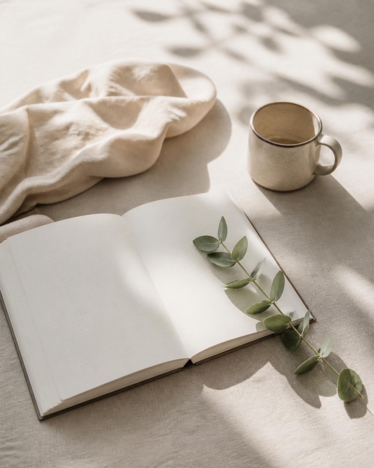 Calm nursery flatlay with a printed first-year planner, pen and folded muslin